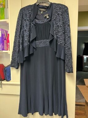 R & M Richards Navy Beaded Lace Jacket Dress